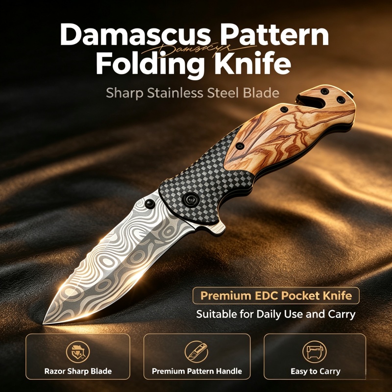 มีดพับลายดามัสกัส ใบมีดสแตนเลส - Edc Concealed Carry Knife บทวิจารณ์และราคา